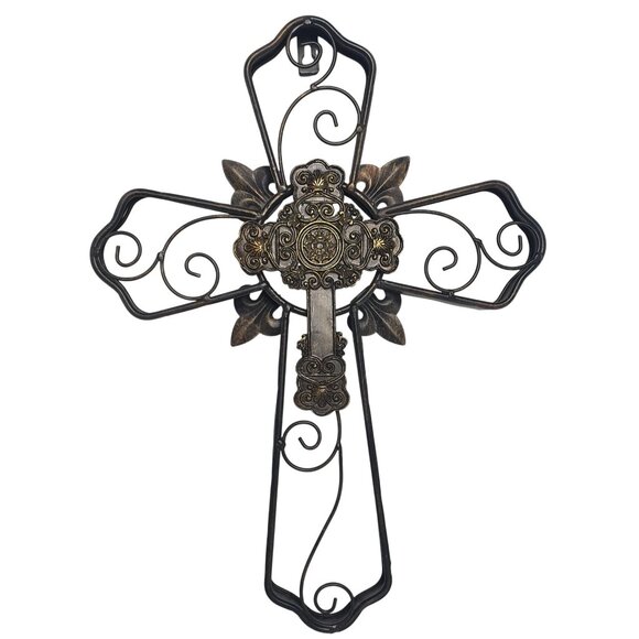 Ornate Metal Wall Cross 16" Bronze Decorative Scrollwork & Fleur-De-Lis Details - Picture 1 of 6